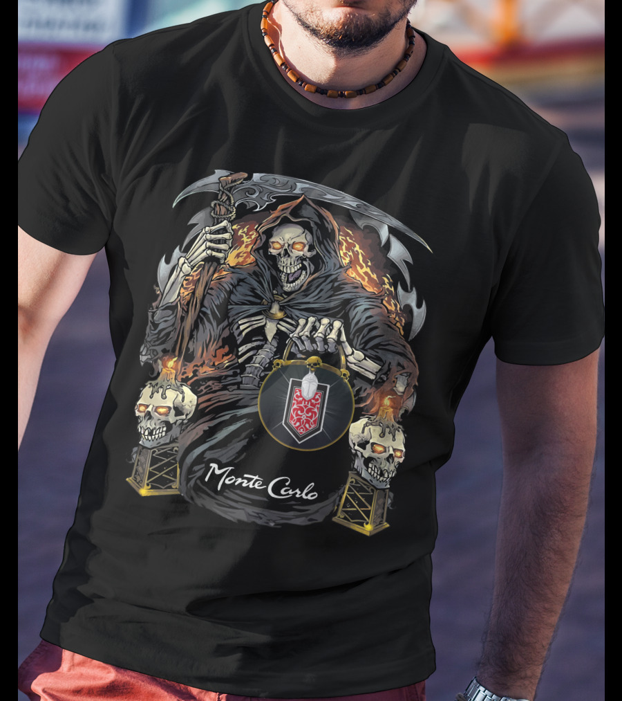 Monte Carlo Grim Reaper With Scythe And Flaming Skulls T-Shirt
