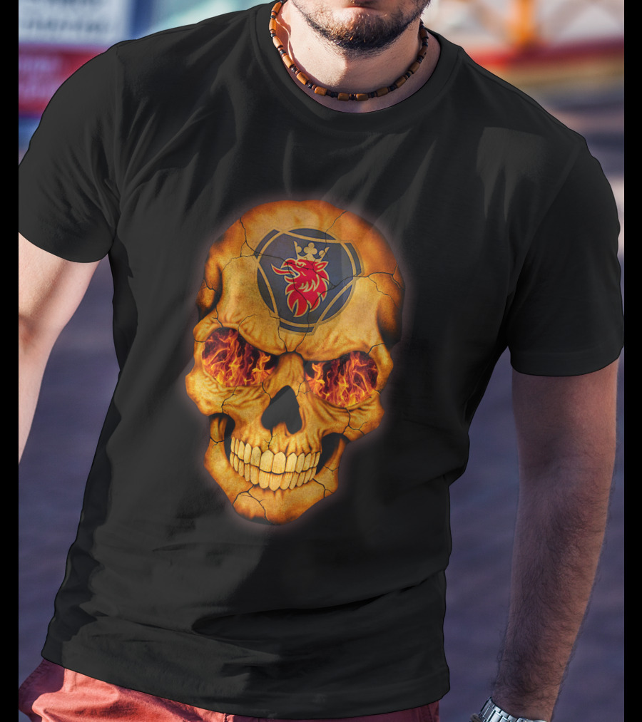 SCANIA Skull With Fiery Eyes And Lion Emblem T-Shirt