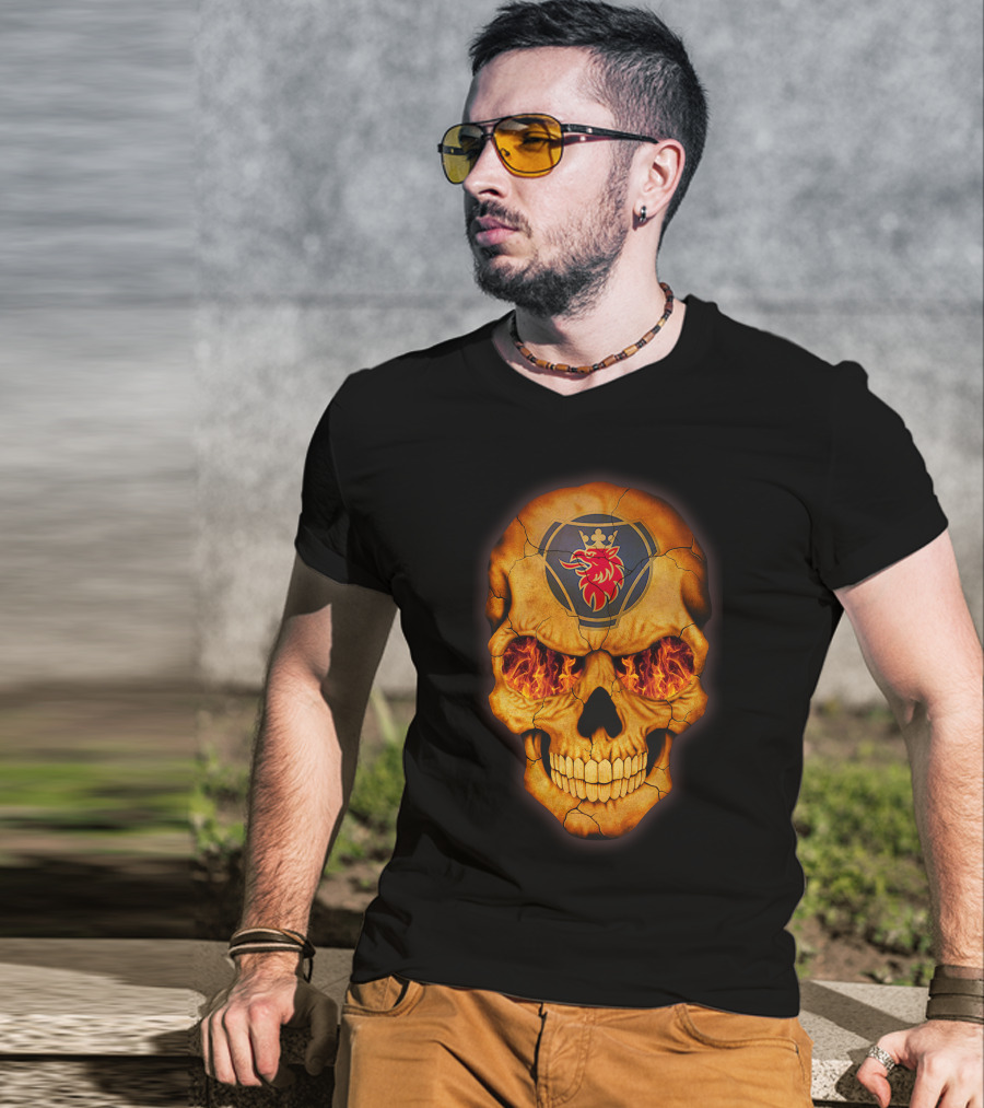 SCANIA Skull With Fiery Eyes And Lion Emblem T-Shirt