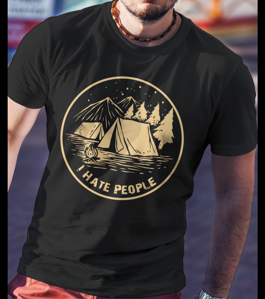 I Hate People Camping Tents Mountains Campfire Night Sky T-Shirt
