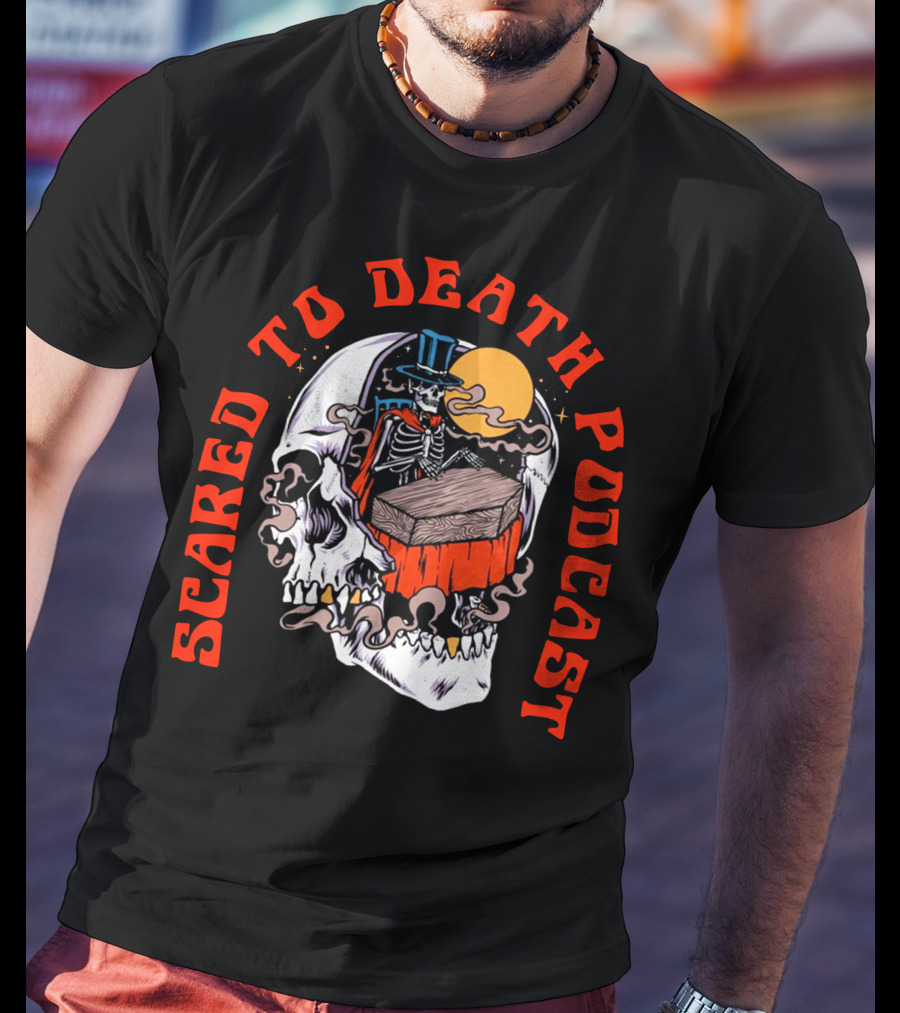 Scared To Death Podcast Skeleton Coffin Moon Skull T-Shirt
