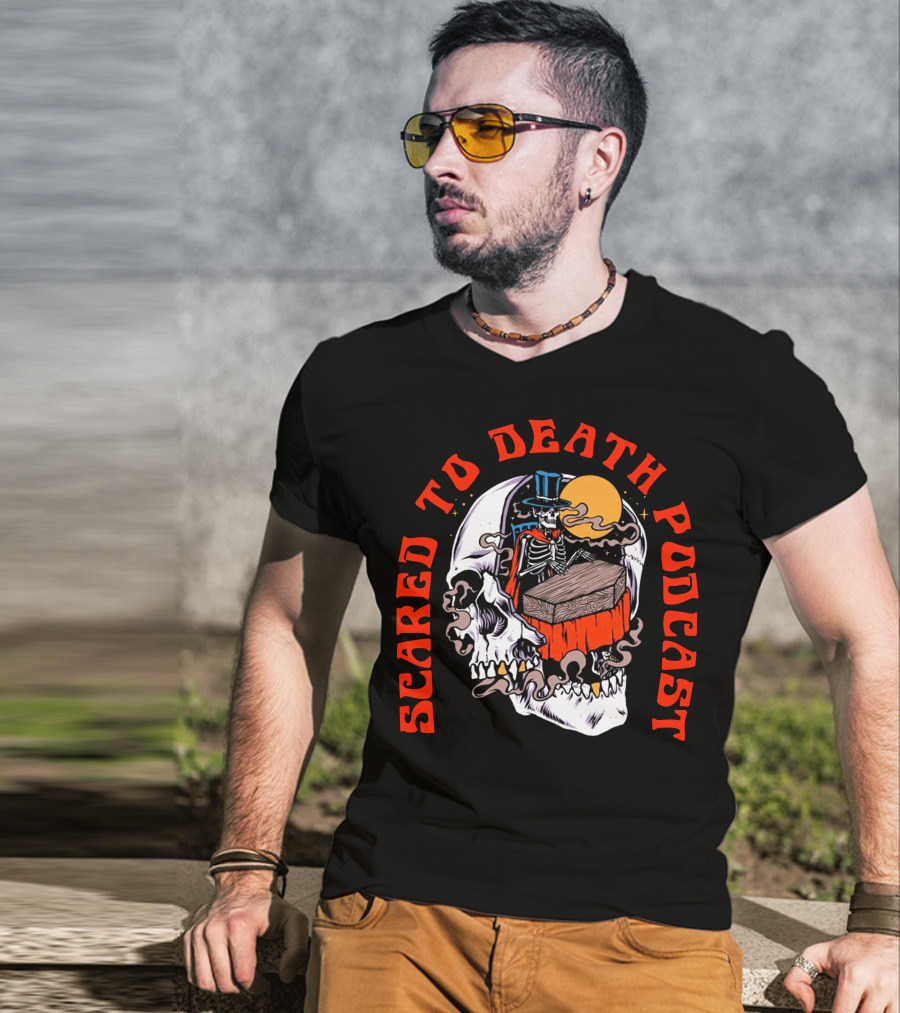 Scared To Death Podcast Skeleton Coffin Moon Skull T-Shirt