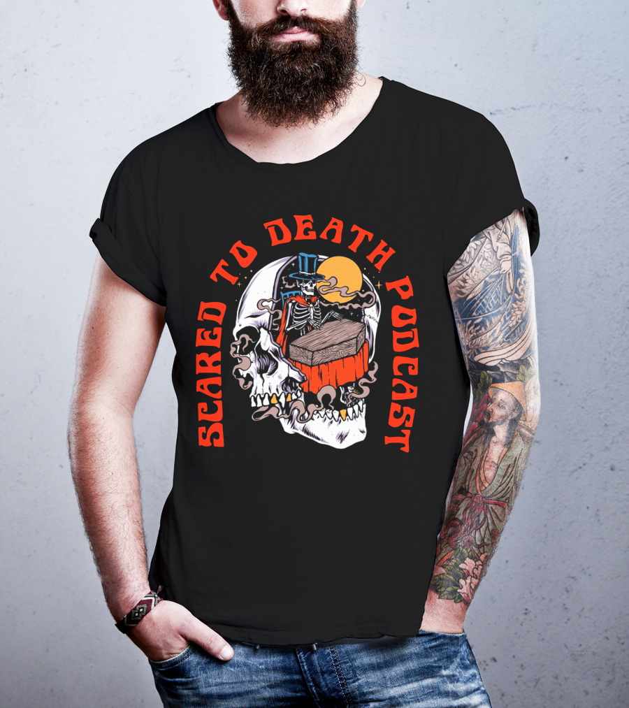 Scared To Death Podcast Skeleton Coffin Moon Skull T-Shirt