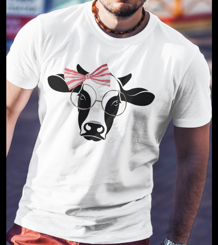 Cute Cow With Pink Striped Bow And Glasses T-Shirt