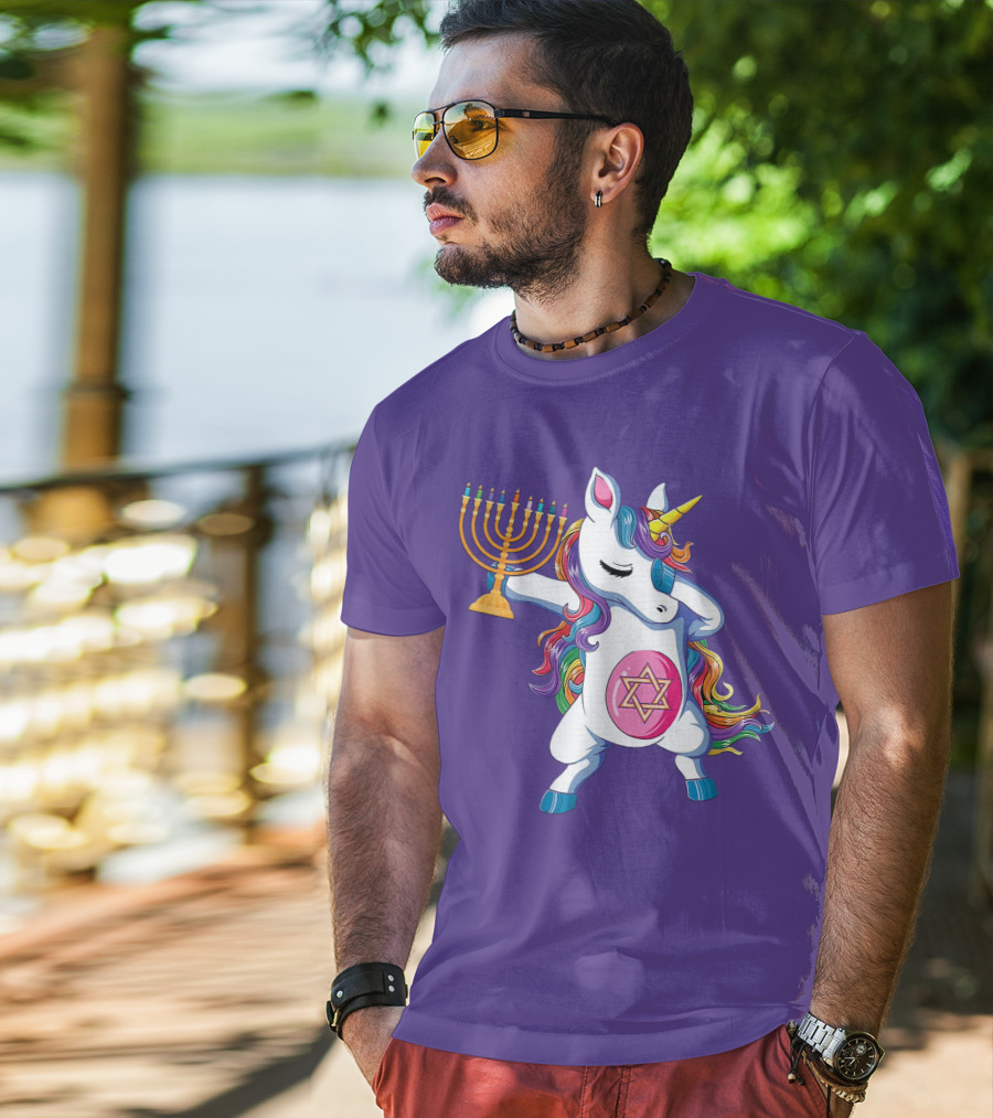 Jewnicorn Hanukkah Unicorn Dabbing With Menorah And Star Of David T-Shirt