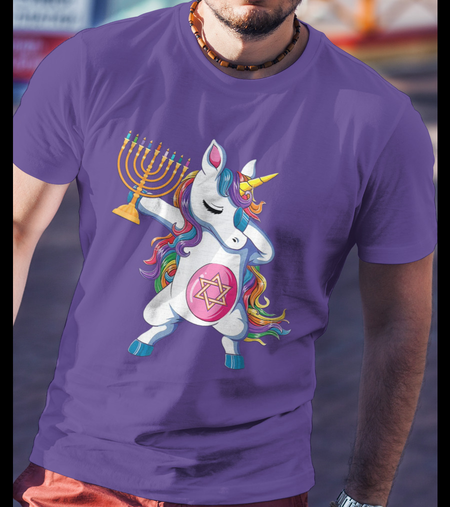 Jewnicorn Hanukkah Unicorn Dabbing With Menorah And Star Of David T-Shirt
