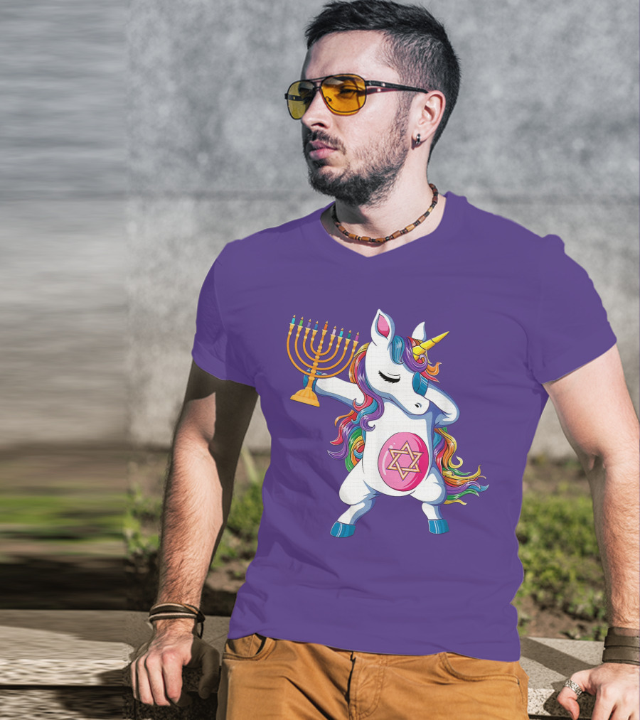 Jewnicorn Hanukkah Unicorn Dabbing With Menorah And Star Of David T-Shirt
