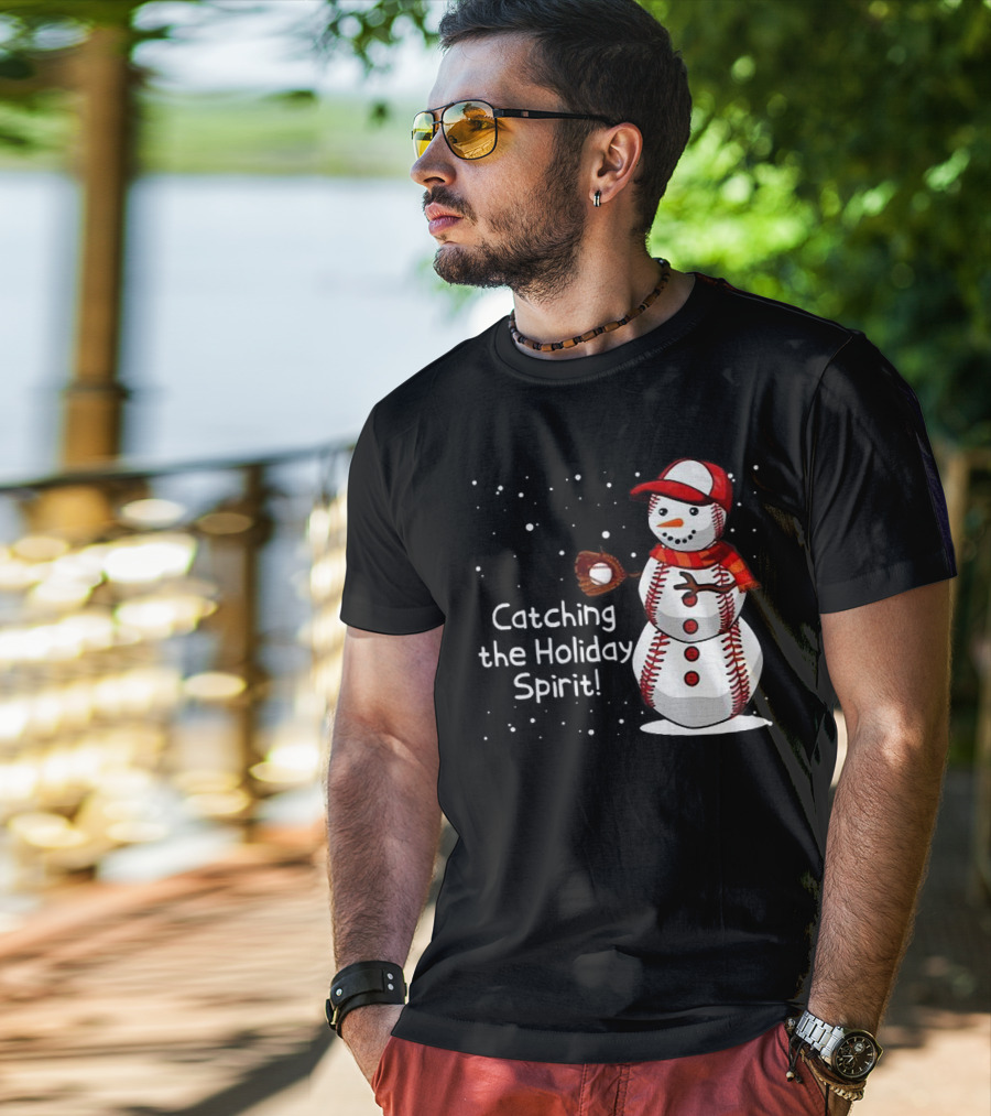 Catching The Holiday Spirit Baseball Snowman With Red Cap And Mitt T-Shirt