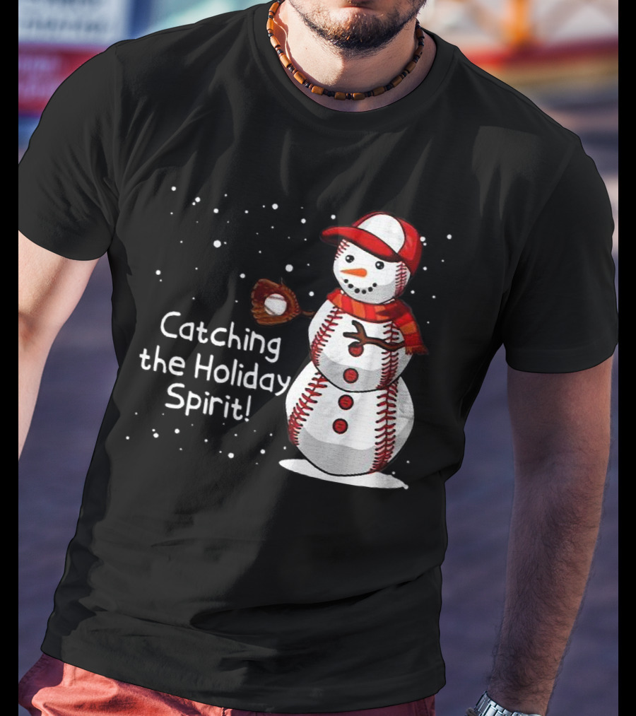 Catching The Holiday Spirit Baseball Snowman With Red Cap And Mitt T-Shirt