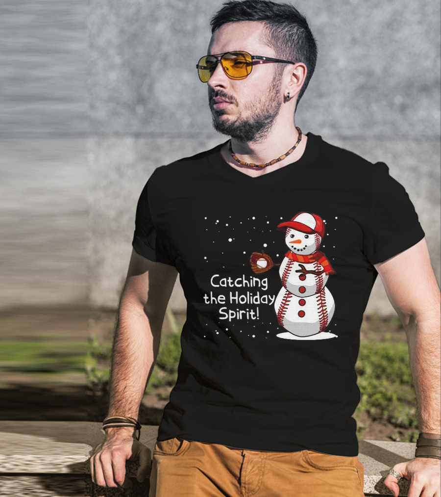 Catching The Holiday Spirit Baseball Snowman With Red Cap And Mitt T-Shirt