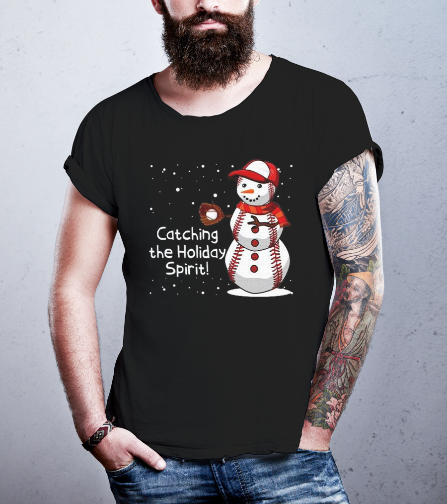 Catching The Holiday Spirit Baseball Snowman With Red Cap And Mitt T-Shirt