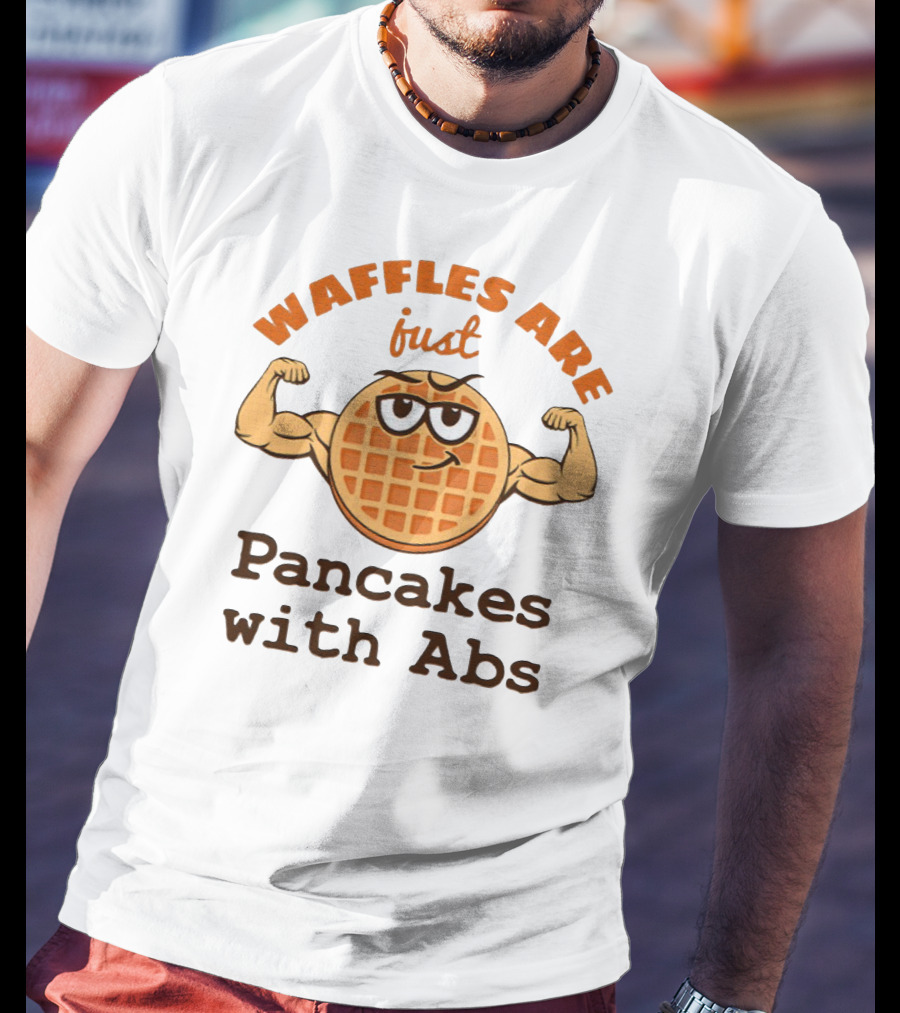 Waffles Are Just Pancakes With Abs Flexing Muscular Cartoon Breakfast T-Shirt