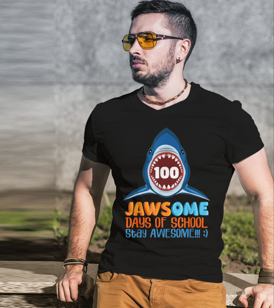 JAWSOME 100 Days Of School Stay Awesome Shark Teacher Child Gift T-Shirt