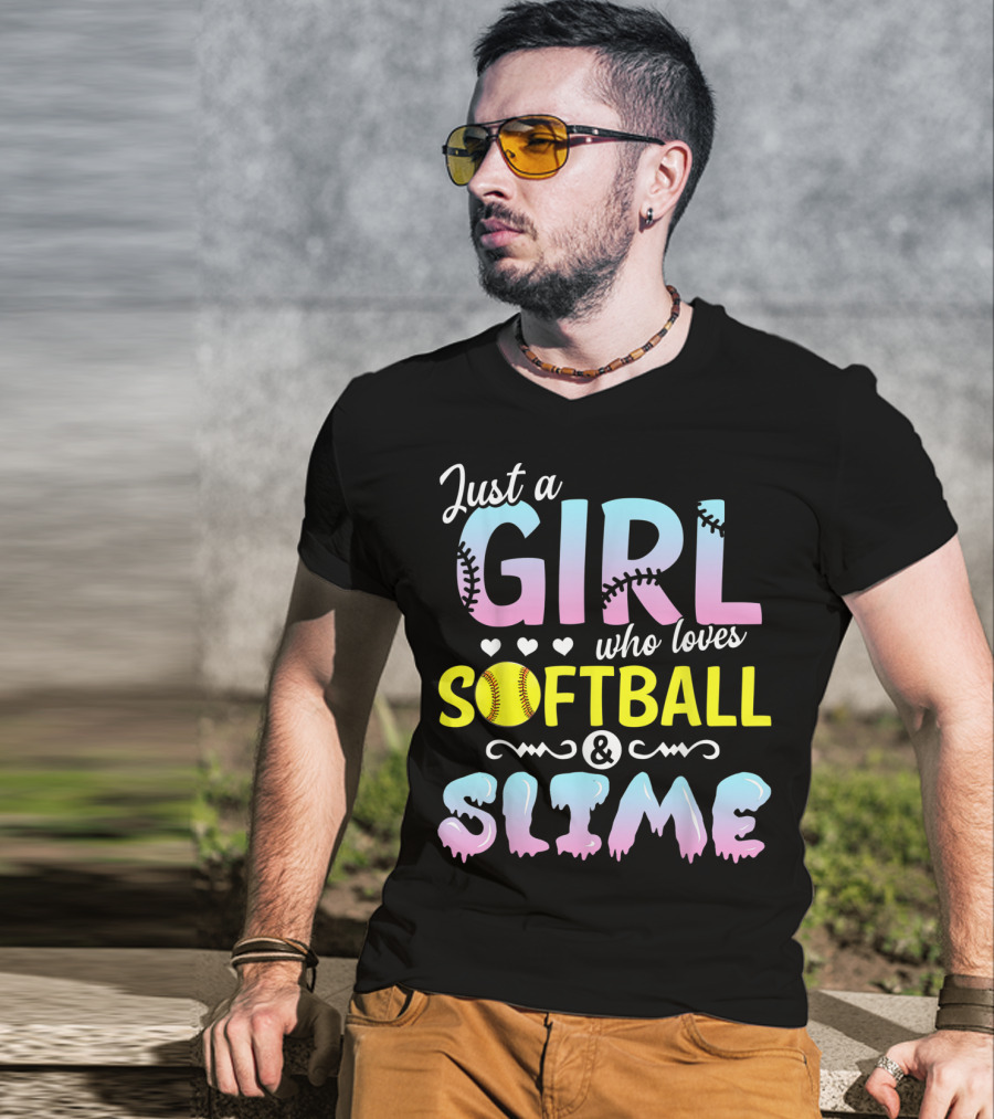 Just A Girl Who Loves Softball And Slime With Pastel Letters And Baseball Stitching T-Shirt
