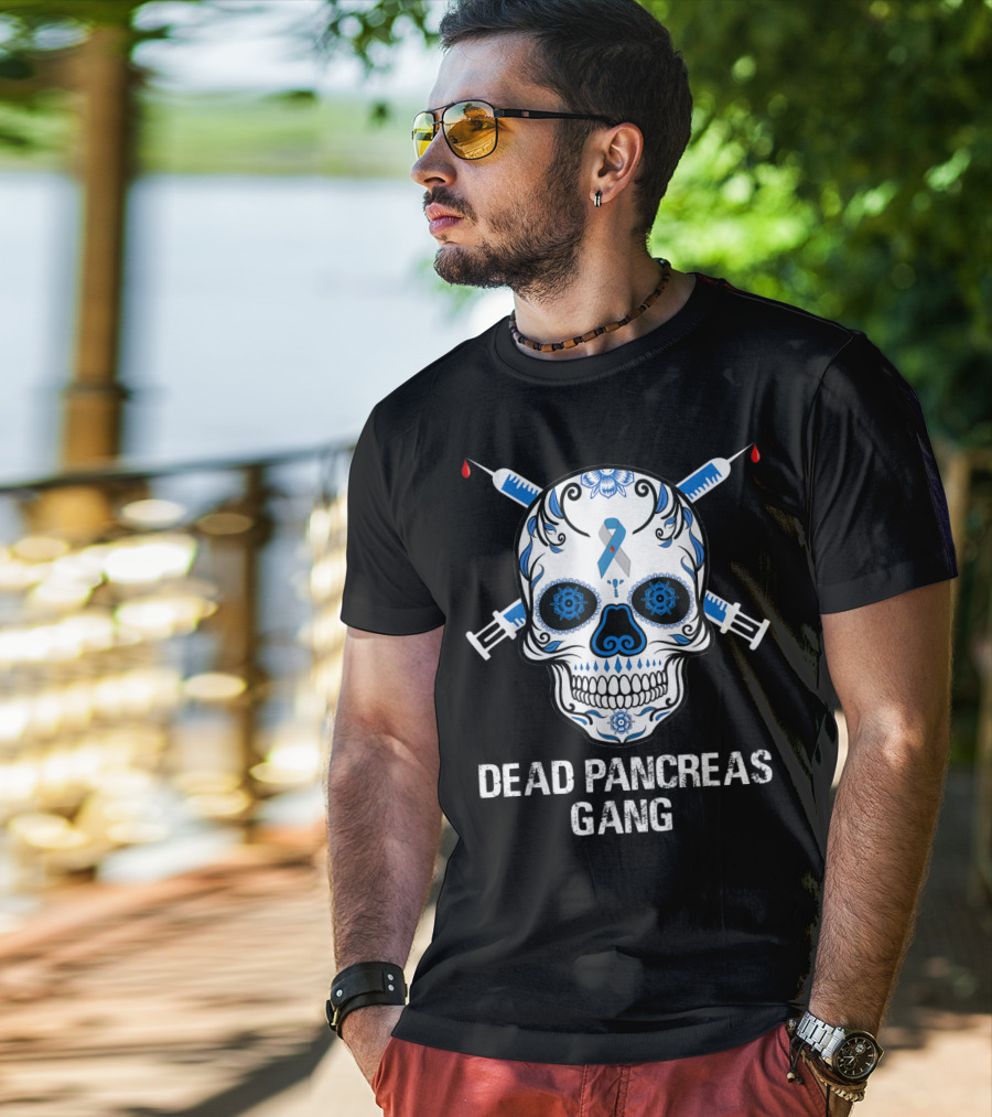 Dead Pancreas Gang Skull Diabetes Awareness Blue Ribbon Syringes T-Shirt