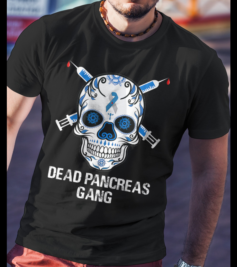 Dead Pancreas Gang Skull Diabetes Awareness Blue Ribbon Syringes T-Shirt