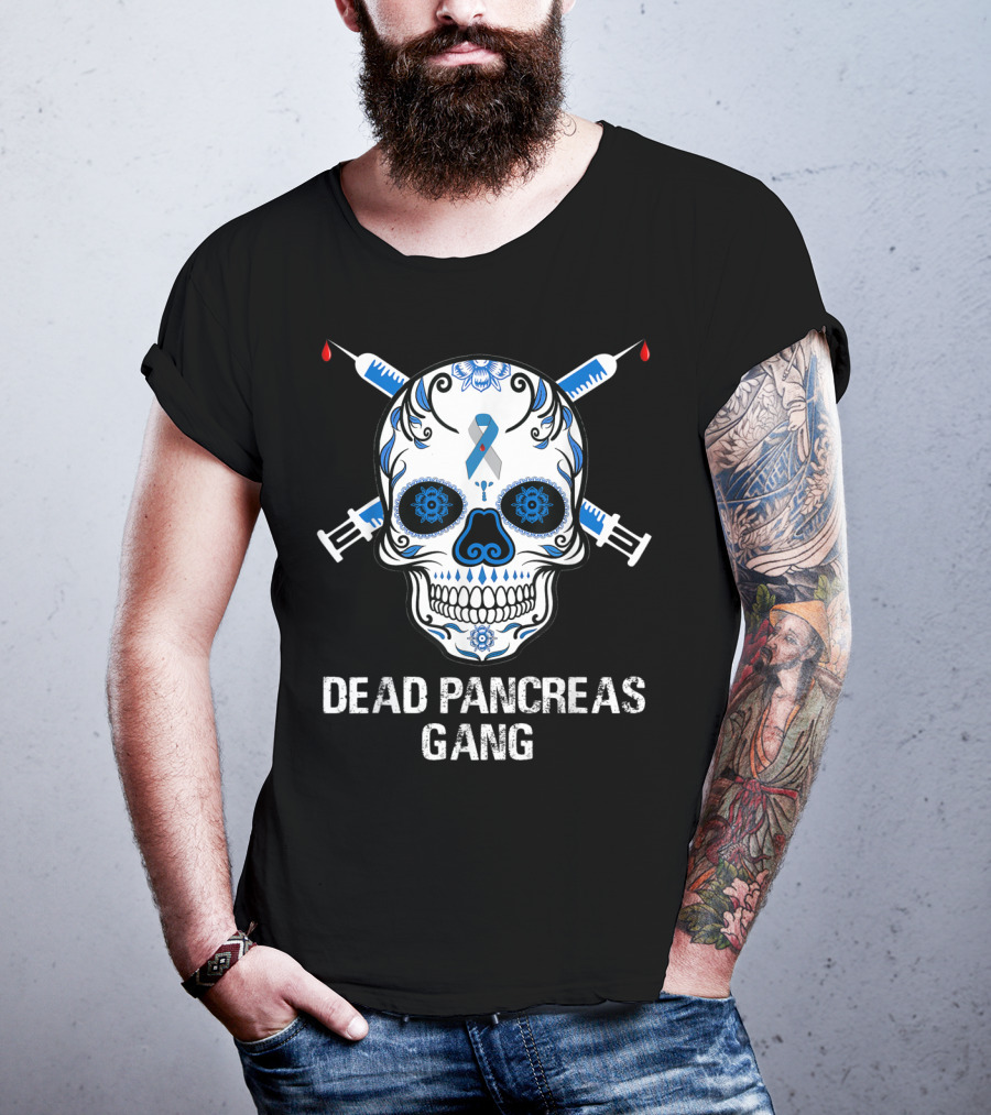 Dead Pancreas Gang Skull Diabetes Awareness Blue Ribbon Syringes T-Shirt
