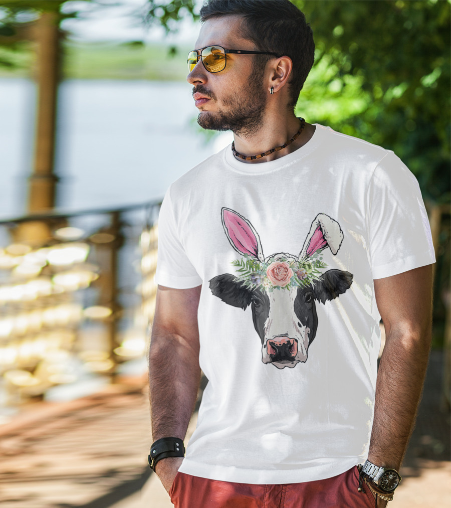 Funny Cow Easter Bunny Flower Crown T-Shirt