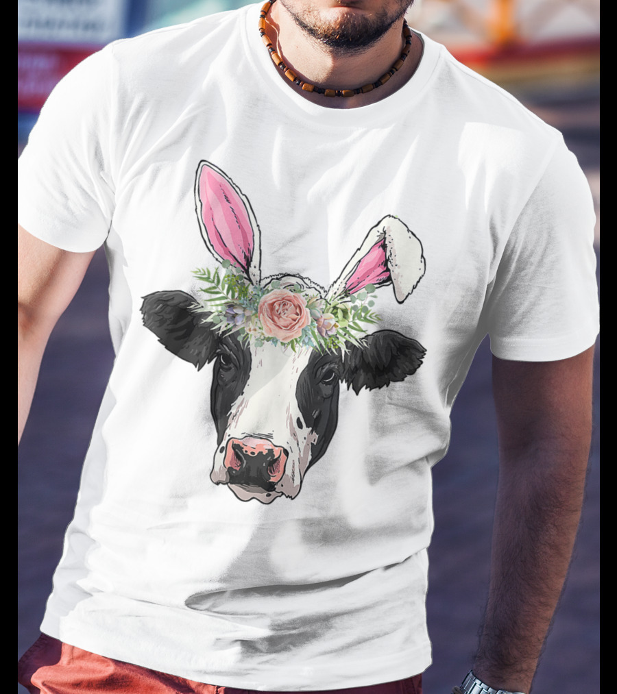 Funny Cow Easter Bunny Flower Crown T-Shirt