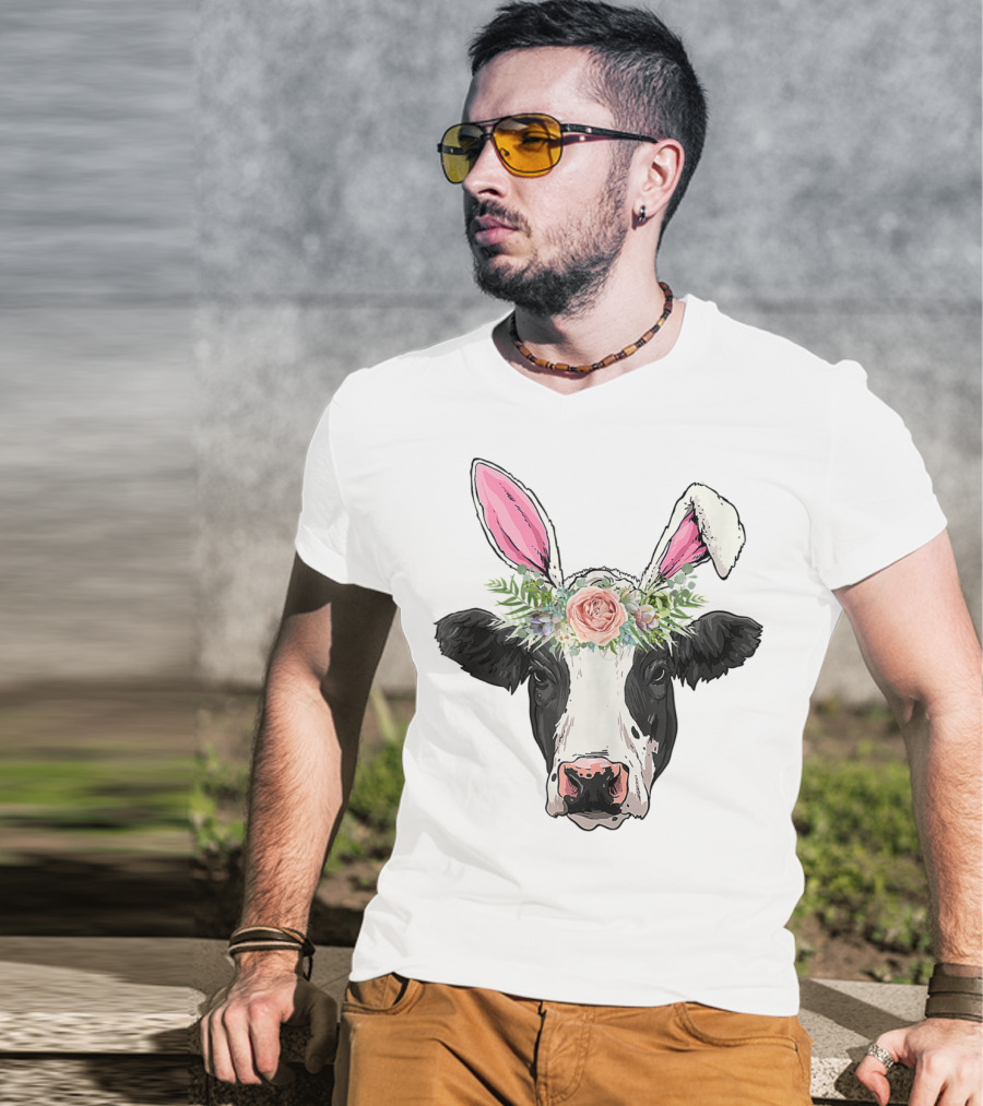 Funny Cow Easter Bunny Flower Crown T-Shirt