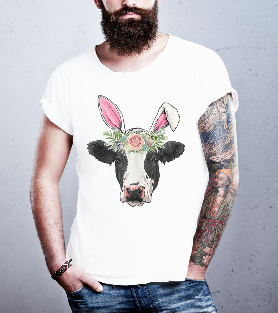 Funny Cow Easter Bunny Flower Crown T-Shirt