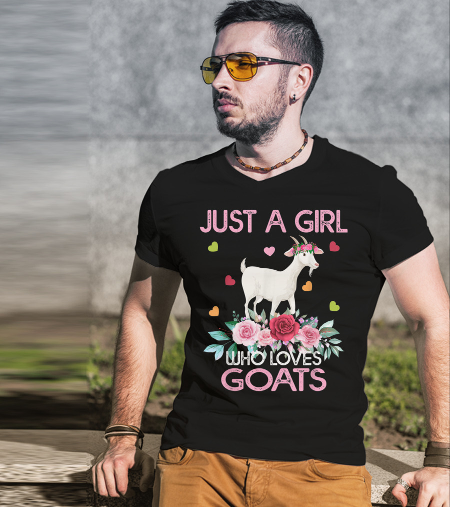 Just A Girl Who Loves Goats With Hearts And Flowers T-Shirt
