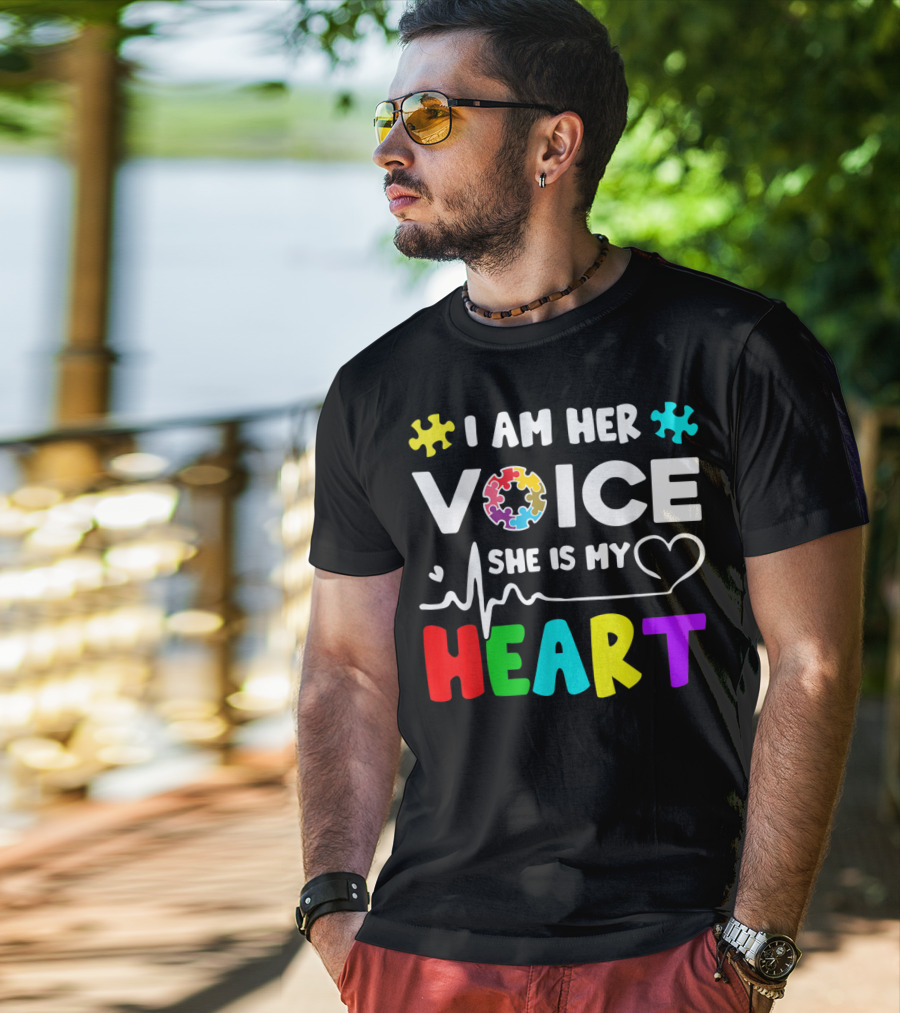 I Am Her Voice She Is My Heart Autism Awareness Puzzle Pieces T-Shirt