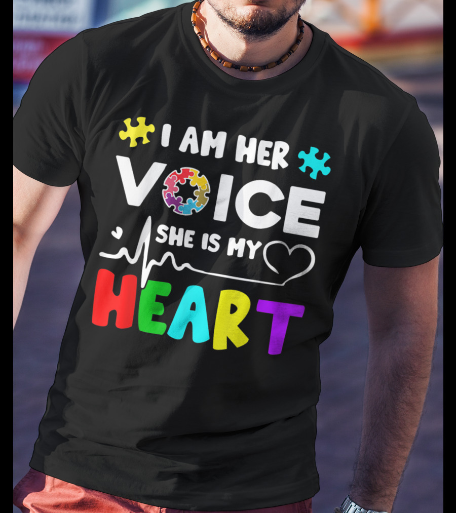 I Am Her Voice She Is My Heart Autism Awareness Puzzle Pieces T-Shirt