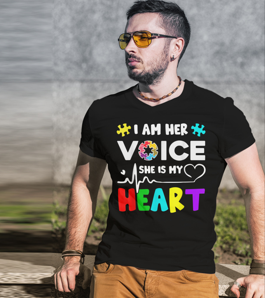 I Am Her Voice She Is My Heart Autism Awareness Puzzle Pieces T-Shirt