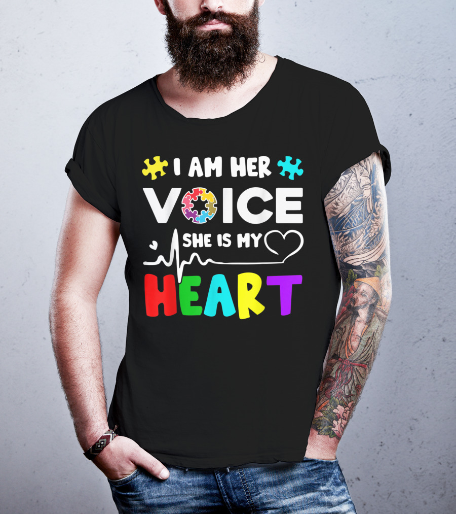 I Am Her Voice She Is My Heart Autism Awareness Puzzle Pieces T-Shirt