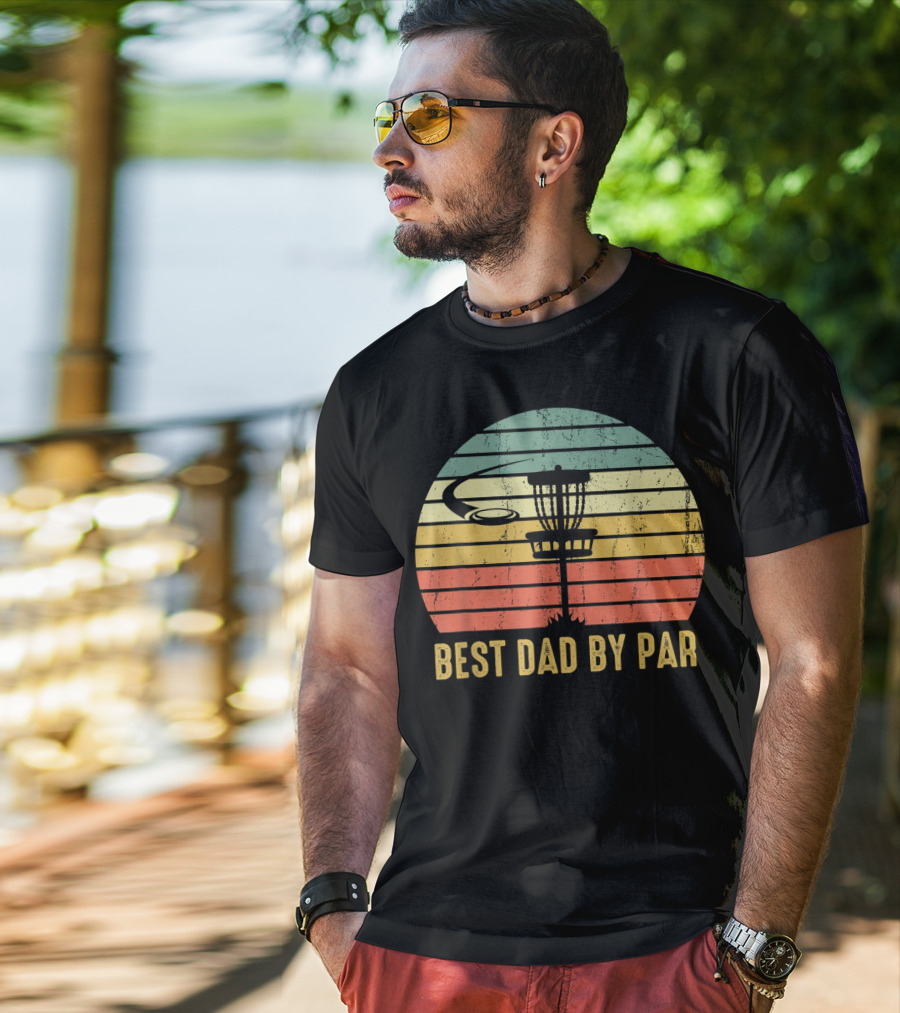 Best Dad By Par Vintage Disc Golf Basket Retro Sunset T-Shirt