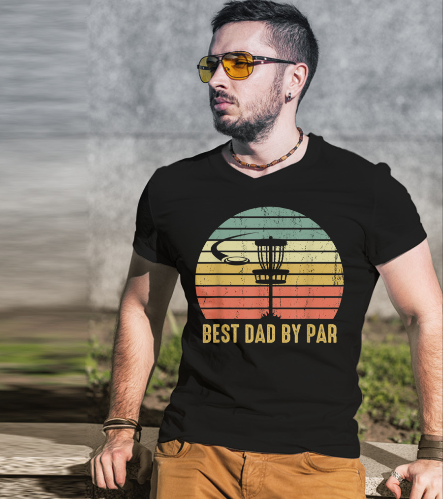 Best Dad By Par Vintage Disc Golf Basket Retro Sunset T-Shirt