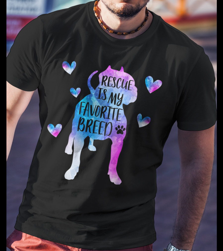 Rescue Is My Favorite Breed Watercolor Pitbull Hearts T-Shirt