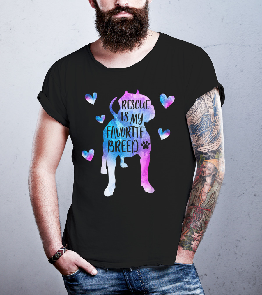 Rescue Is My Favorite Breed Watercolor Pitbull Hearts T-Shirt
