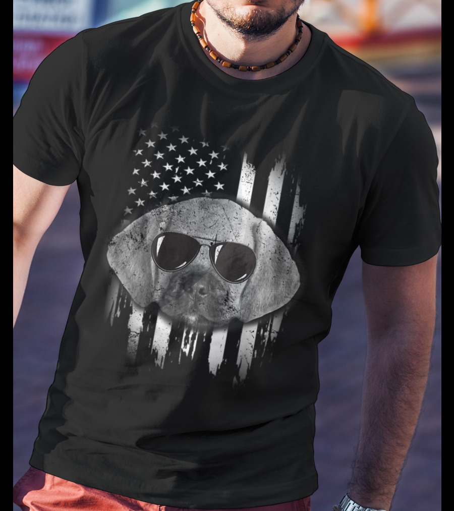 Proud American Puggle With Sunglasses And American Flag Background T-Shirt