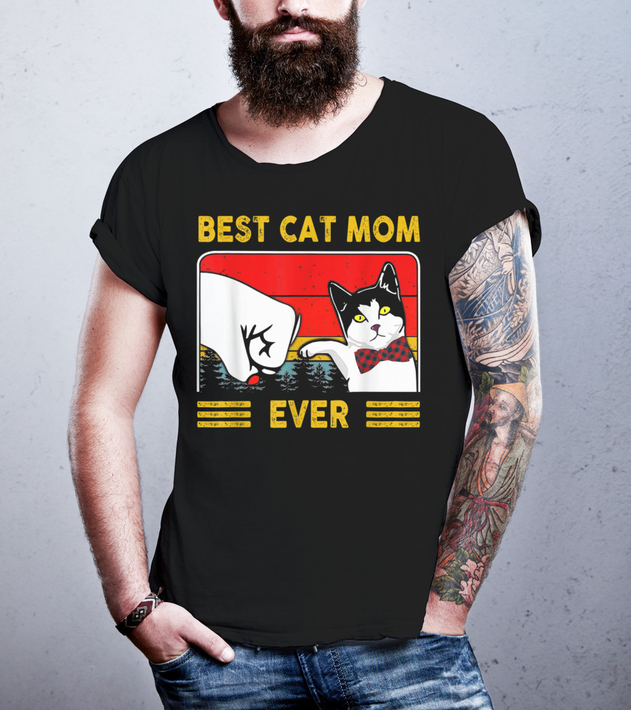 BEST CAT MOM EVER Retro Vintage Cat With Fist Bump And Bow Tie T-Shirt