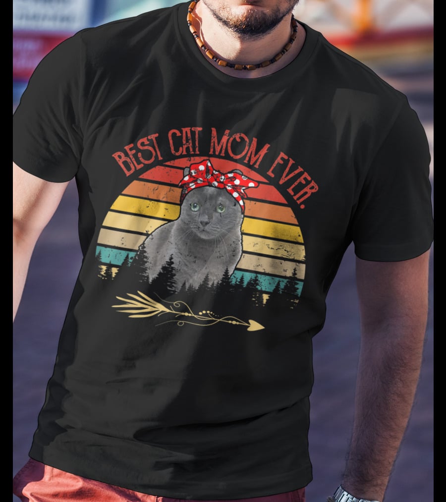 Best Cat Mom Ever Vintage Russian Blue Cat Sunset T-Shirt
