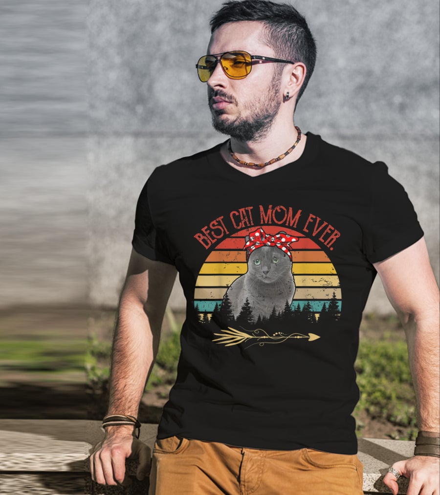 Best Cat Mom Ever Vintage Russian Blue Cat Sunset T-Shirt