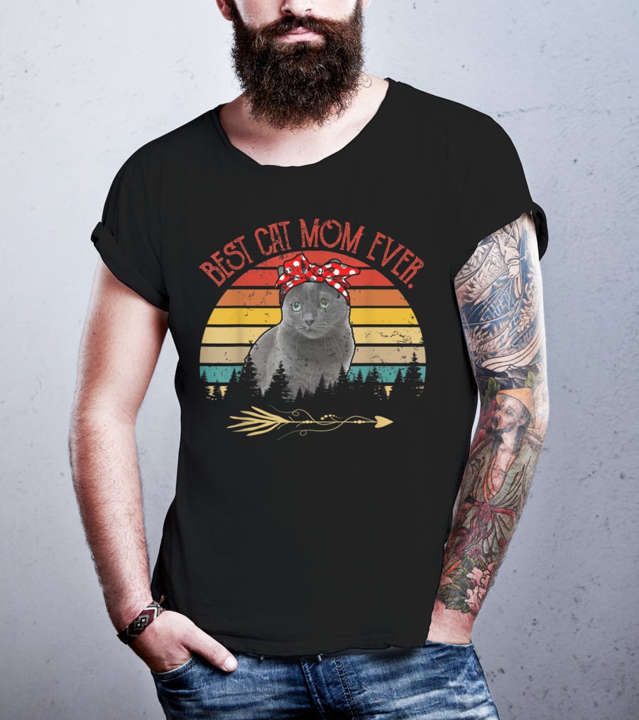 Best Cat Mom Ever Vintage Russian Blue Cat Sunset T-Shirt