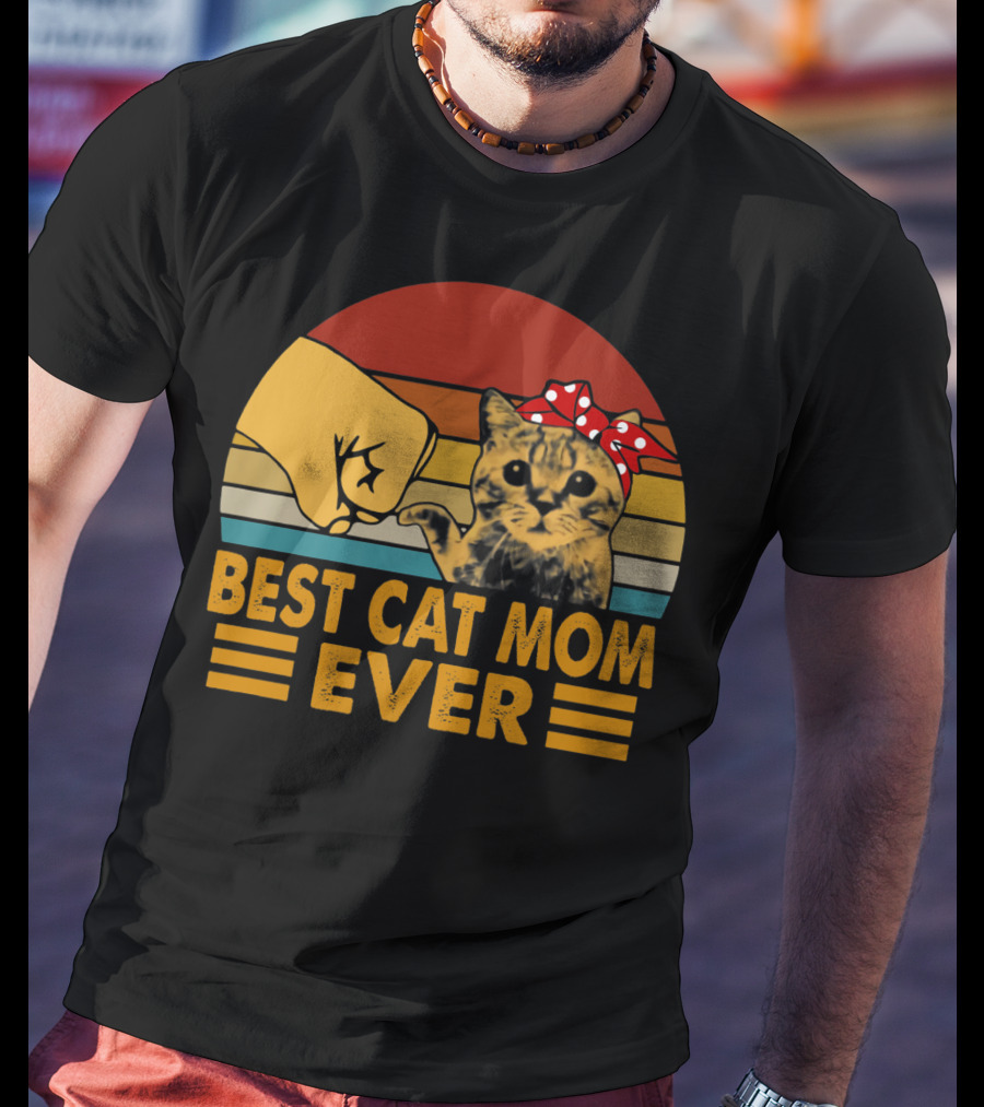 Best Cat Mom Ever Vintage Fist Bump With Cat Bow Stripes T-Shirt