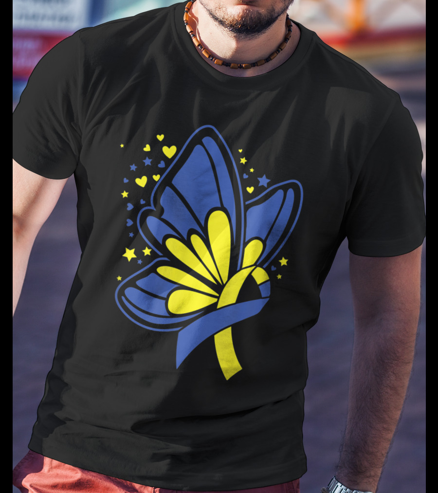 Butterfly T21 World Down Syndrome Awareness Day Ribbon Hearts And Stars T-Shirt