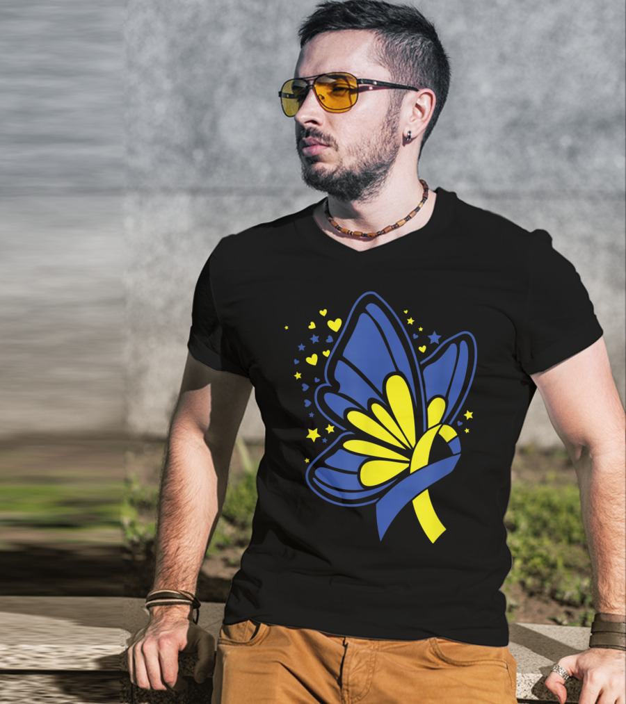 Butterfly T21 World Down Syndrome Awareness Day Ribbon Hearts And Stars T-Shirt