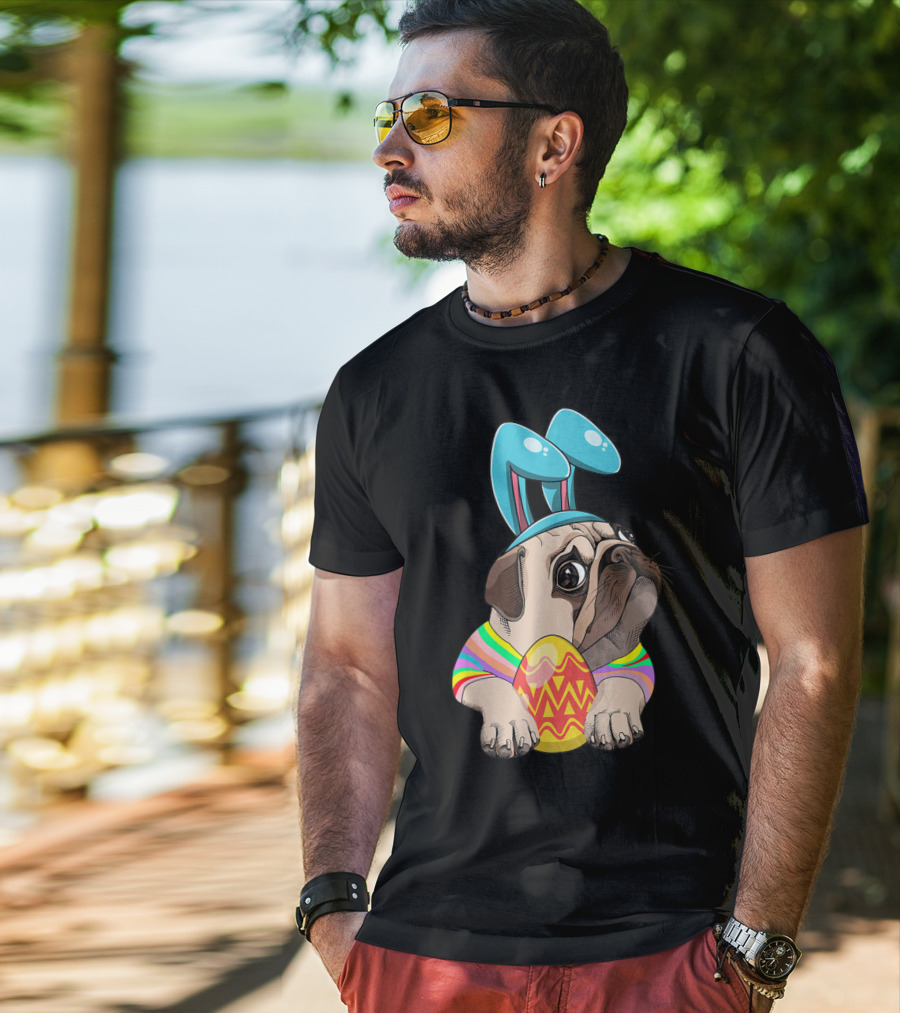 Cute Easter Pug With Bunny Ears Hugging Egg T-Shirt