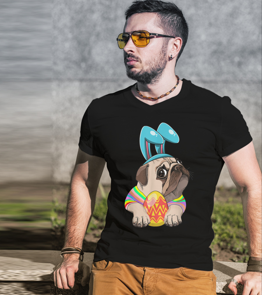 Cute Easter Pug With Bunny Ears Hugging Egg T-Shirt