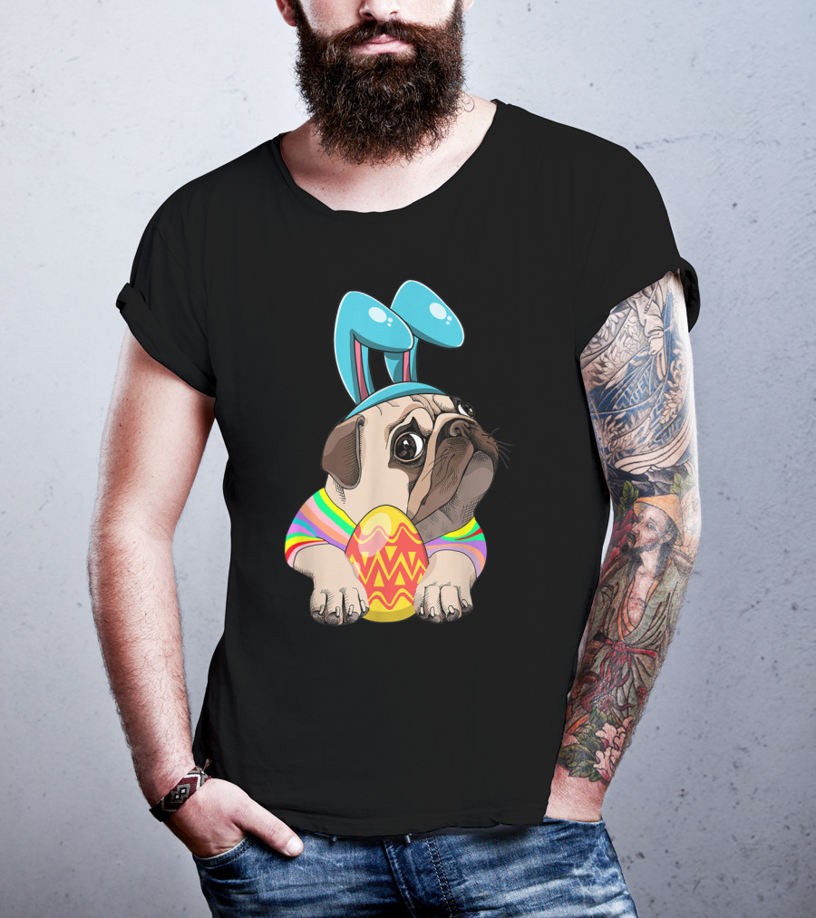 Cute Easter Pug With Bunny Ears Hugging Egg T-Shirt