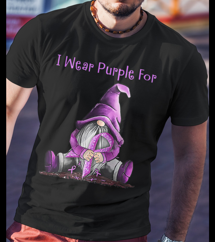 I Wear Purple For Fibromyalgia Awareness Gnome Holding Purple T-Shirt
