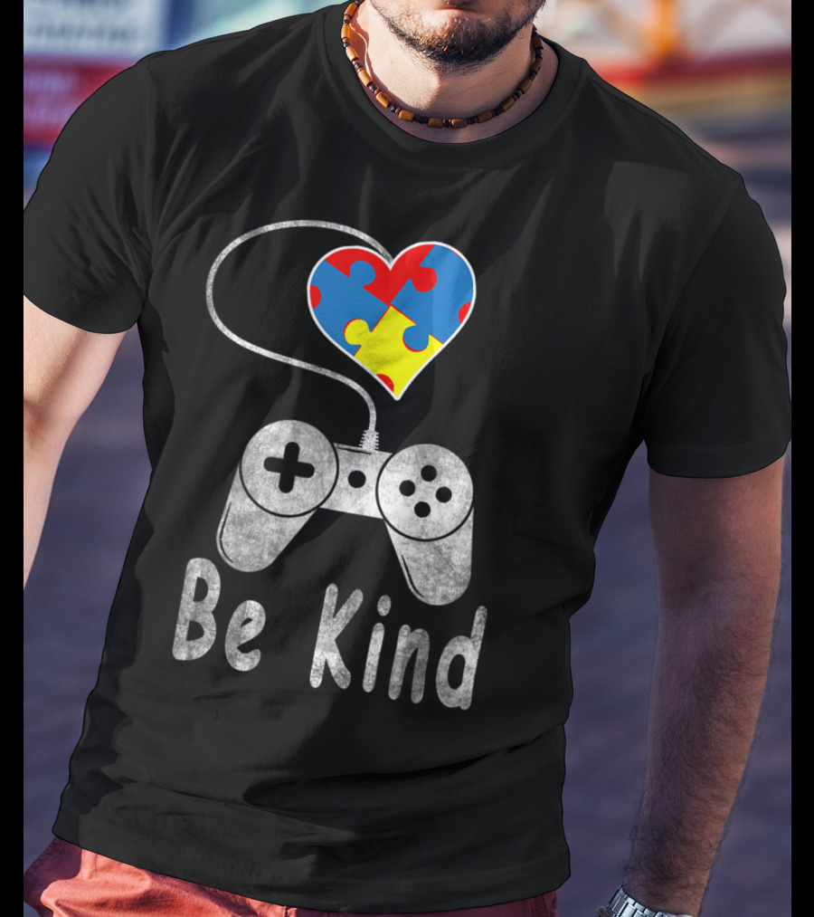 Be Kind Autism Awareness Puzzle Piece Heart Video Game Controller T-Shirt