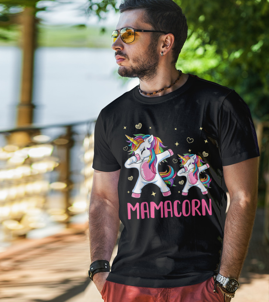 Colorful Dabbing Unicorns Mamacorn With Rainbow Hair And Hearts T-Shirt