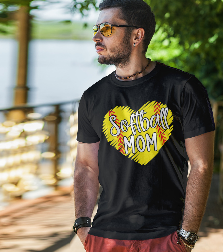 Softball Mom Heart Yellow Red Stitching Baller Mama T-Shirt