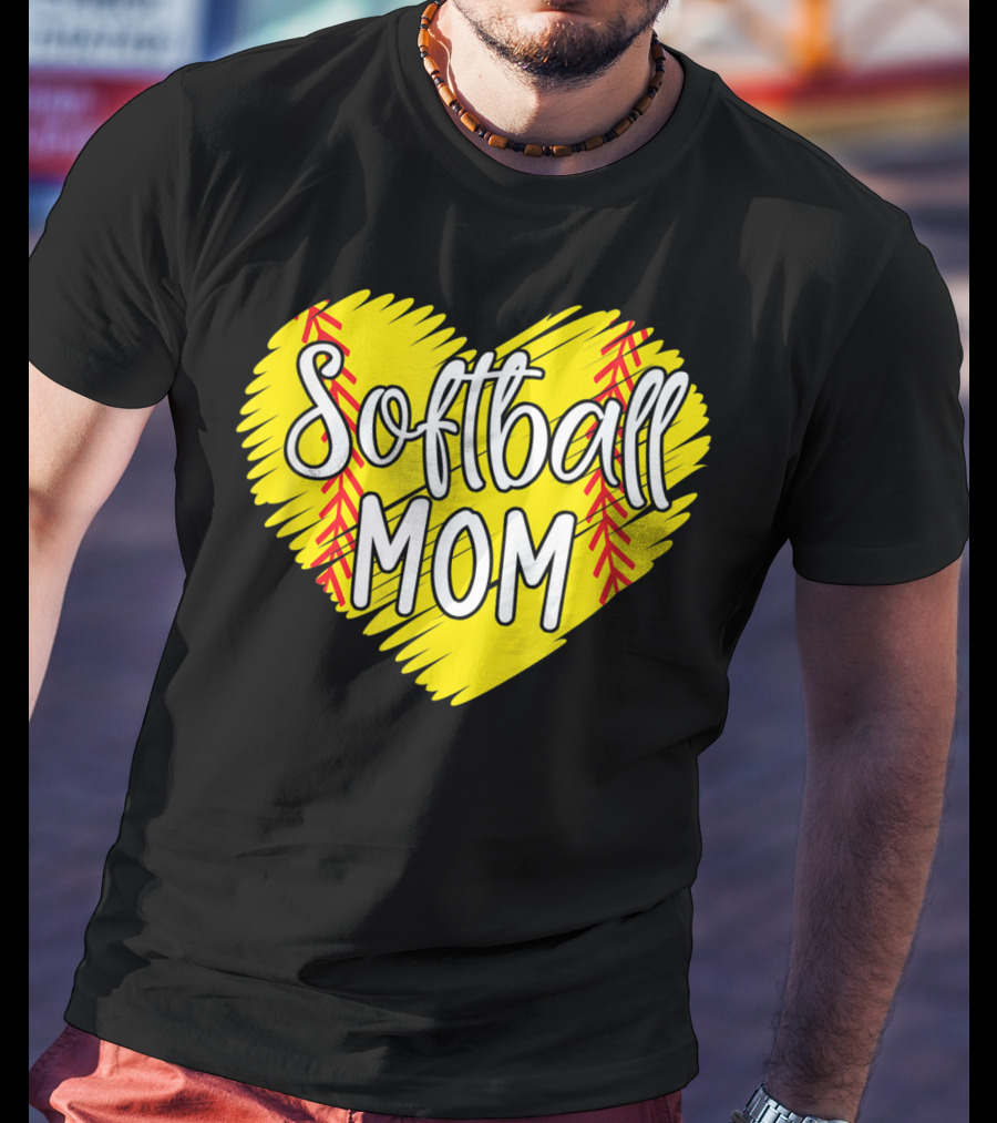 Softball Mom Heart Yellow Red Stitching Baller Mama T-Shirt